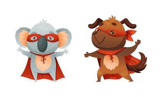 superhéroe animal niños colocar. gracioso coala oso y perro en rojo capas y mascaras dibujos animados ilustración vector