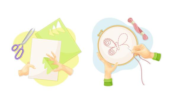 Top view of hands creating crafts set. Hands embroidering butterfly on canvas and making applique illustration vector