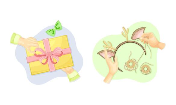 Top view of hands creating crafts set. Hands making headband and wrapping gift box illustration vector