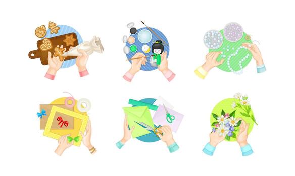 Top view of hands creating diy crafts set illustration vector