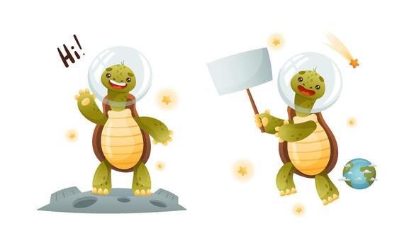 Cute Green Turtle in Helmet Greeting from Moon and Floating Holding Empty Signboard Set vector