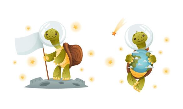 Cute Green Turtle in Outer Space with Flag on Moon Surface and Floating with Earth Planet Set vector