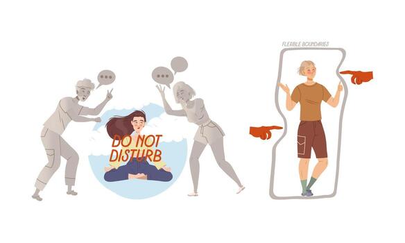 Personal Boundaries with Man and Woman Creating Space and Private Zone Around Themselves Avoiding Social Interaction Set vector