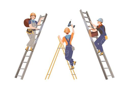Man and Woman Builder Character Standing on Ladder with Drill and Toolbox Building House Set vector