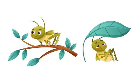 Cute Little Grasshopper Character Sitting Under Leaf and on Tree Branch Set vector