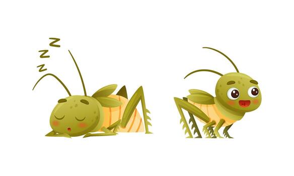 Cute Little Grasshopper Character Standing and Sleeping Set vector