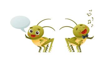 linda pequeño saltamontes personaje diciendo saludo y canto conjunto vector