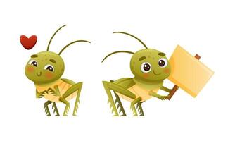 linda pequeño saltamontes personaje sensación amor y participación vacío letrero conjunto vector