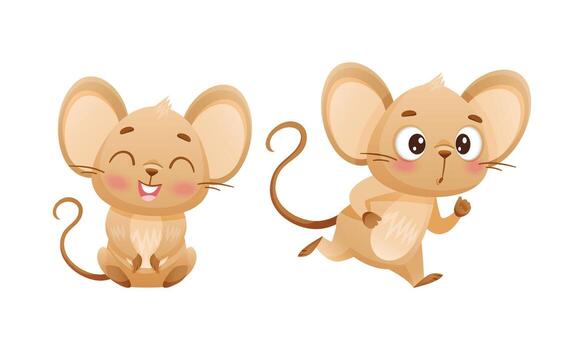 Little Mouse Character with Long Tail and Big Ears Laughing and Running Set vector