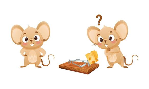 Little Mouse Character with Long Tail and Big Ears Standing and Thinking at Trap with Cheese Slab Set vector