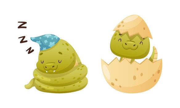 Cute Green Baby Snake as Crawling Creature Hatching from Egg Shell and Sleeping Coiled in Night Cap Set vector