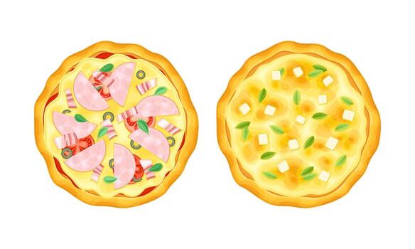 Appetizing Italian Pizza as Round Hot Dough Topped with Wurst, Tomato and Cheese Above View Set vector