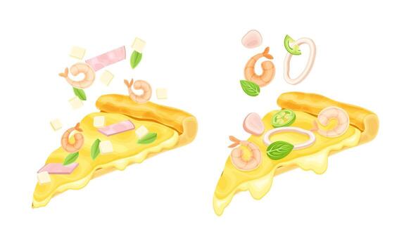 Appetizing Italian Pizza Slices with Melting Cheese as Hot Dough Topped with Shrimp and Wurst Set vector
