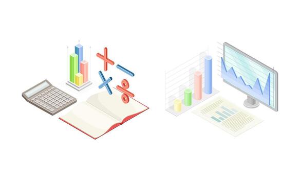 School Lesson with Supplies for Math and Computer Technology Subject Isometric Set vector