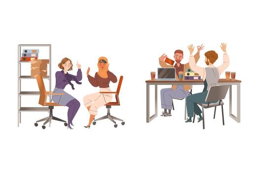 Man and Woman Colleagues in Office Sitting at Desk Taking Selfie with Smartphone and Talking Engaged in Daily Workflow Set vector