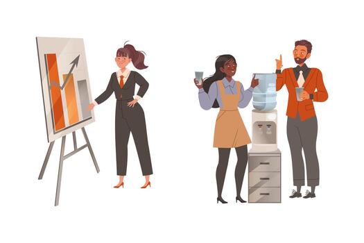 Man and Woman Colleagues in Office Standing at Water Cooler Talking and Showing Presentation on Whiteboard Engaged in Daily Workflow Set vector