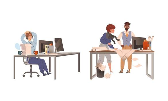 Man and Woman Colleagues in Office Sitting in Headphones at Desk and with Paper Blueprint Engaged in Daily Workflow Set vector