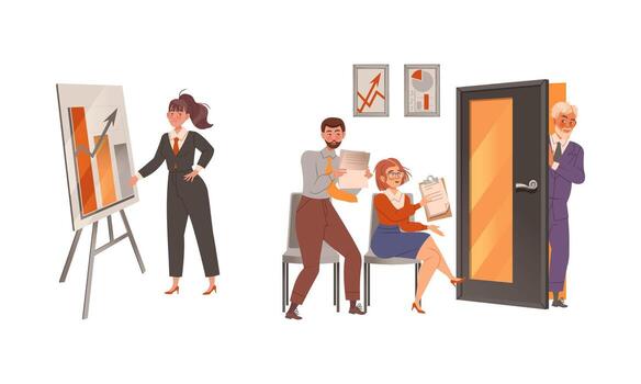 Man and Woman Colleagues in Office Showing Presentation on Whiteboard and Talking to Boss Engaged in Daily Workflow Set vector