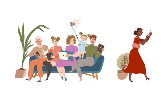 People Character Sitting on Sofa Using Gadget and Electronic Device Working at Laptop, Taking Selfie with Smartphone and Browsing Internet on Tablet PC Set vector