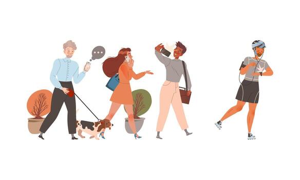 People Character Using Gadget and Electronic Device Speaking by Smartphone, Taking Selfie and Running with Smartwatch Set vector