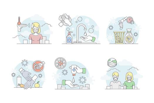 Pandemic with Hand Sanitizing, Temperature Measuring and Mask Wearing Line Set vector