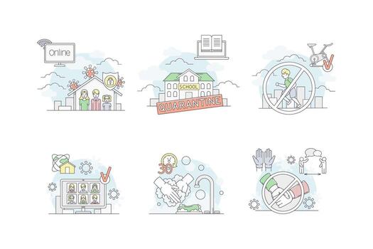 Pandemic with Hand Sanitizing and Quarantine Line Set vector