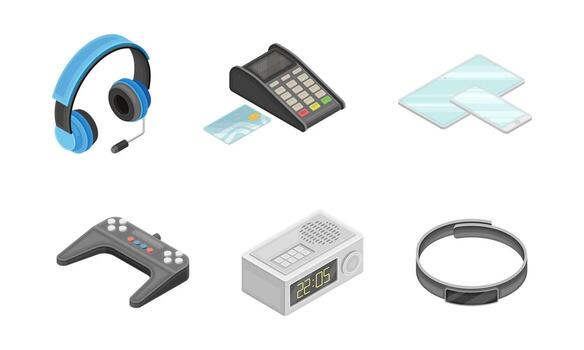Wireless Network Communication Technology with Headset, Pos Terminal and Smartphone Isometric Set vector