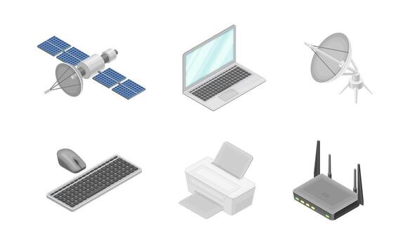 Wireless Network Communication Technology with Router, Laptop and Keyboard Isometric Set vector