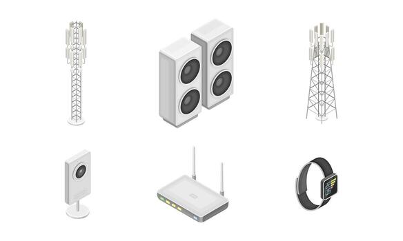 Wireless Network Communication Technology with Wifi Router and Land Station Isometric Set vector