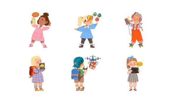 Kid Characters Using Gadgets Like Smartphone, Tablet PC and Quadcopter Set vector