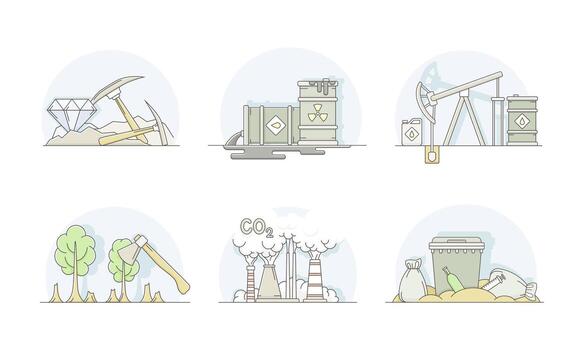 World Resources with Carbon Oxide, Petroleum and Renewable Natural Resources Line Set vector