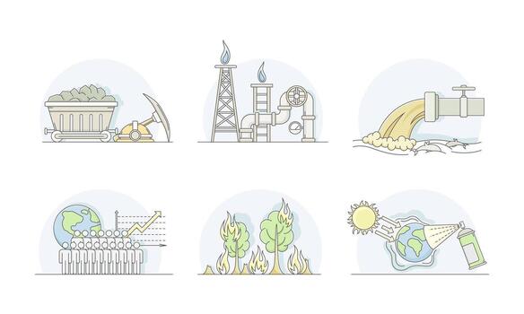 World Resources with Coal Mining, Gas and Global Warming Line Set vector