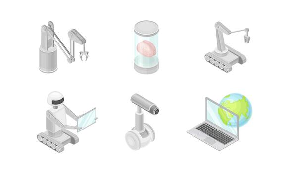 robótico tecnología con electrónico equipo y artificial inteligencia me gusta ordenador portátil y automático mano isométrica conjunto vector