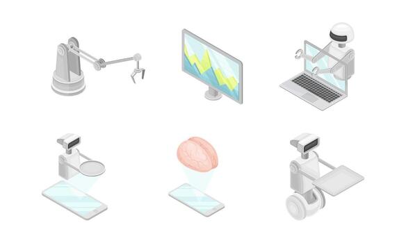 Robotic Technology with Electronic Equipment and Artificial Intelligence Like Smartphone and Automatic Hand Isometric Set vector