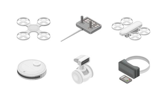 Robotic Technology with Electronic Equipment and Artificial Intelligence Like Drone and Game Controller Isometric Set vector