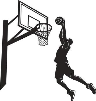 Silhouette of a basketball player executing a powerful slam dunk vector