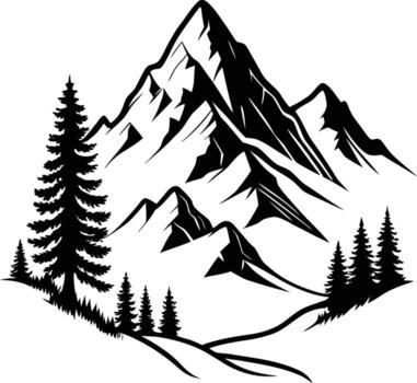 Majestic mountain range with pine trees and winding path vector