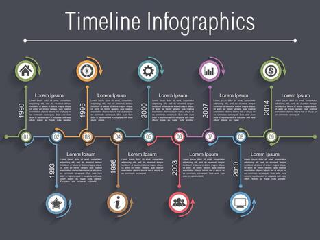 Timeline infographics design template with nine elements on dark background vector