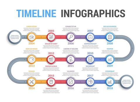 Curved timeline infographics template with 15 steps, workflow, process, history diagram vector