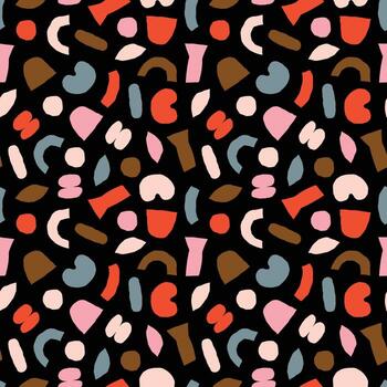 juguetón resumen sin costura modelo con vistoso dibujado a mano formas en brillante colores en negro antecedentes vector