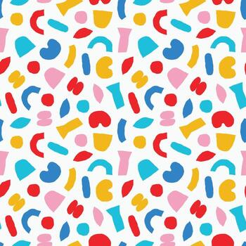Playful Abstract Seamless Pattern with Colorful Hand-Drawn Shapes on White Background vector