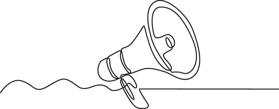 A continuous line drawing of a megaphone, symbolizing announcement and communication, with a wavy line extending from it. vector