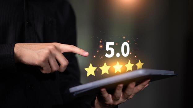 Digital reputation, client satisfaction, and quality service rating. Ideal for concepts such as customer experience, business credibility, brand trust, and online review systems for modern services. photo