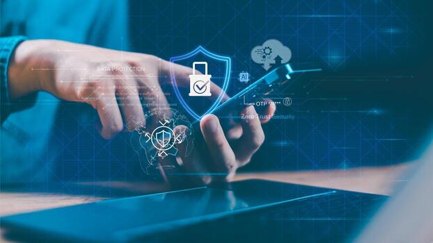 Cybersecurity and data protection concept with digital lock icon, shield, OTP authentication, and zero trust security for safe mobile access and secure cloud technology integration. photo