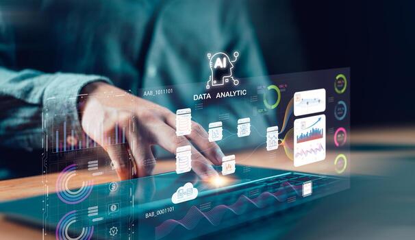 Artificial intelligence and big data analytics with futuristic dashboard, charts, data visualization. Perfect for illustrating business intelligence, machine learning, smart digital transformation photo