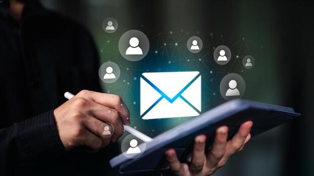Digital email marketing strategy with envelope icon and user network graphics, representing personalized communication, subscriber engagement, CRM systems, and email automation for business growth. photo