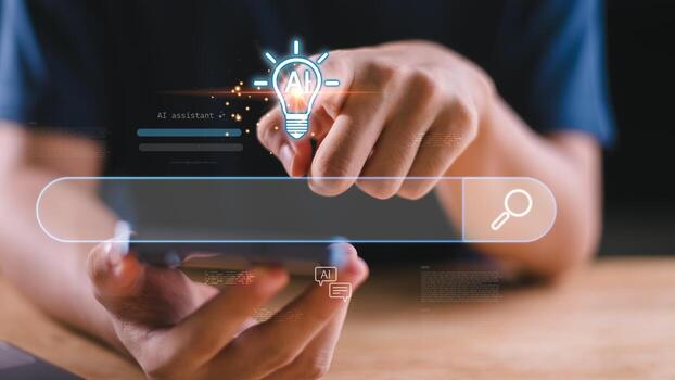 Innovative AI technology concept with hand touching digital lightbulb icon, symbolizing artificial intelligence search engine, machine learning, and smart assistant for modern business solutions. photo