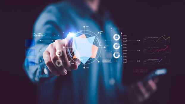 Futuristic data analytics ,digital technology concept with businessman hand touching virtual dashboard interface, symbolizing big data, artificial intelligence, business growth, smart decision making photo