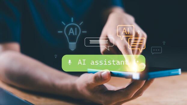 Digital AI assistant concept with hand touching smartphone, futuristic technology interface, artificial intelligence innovation, smart voice recognition, virtual chatbot for business communication photo