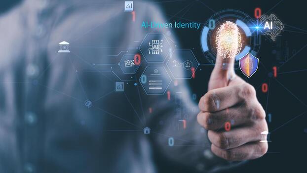 Biometric authentication powered by AI, secure fingerprint identity, cybersecurity solutions, encrypted digital access, innovative technology for data privacy, financial security, online protection photo